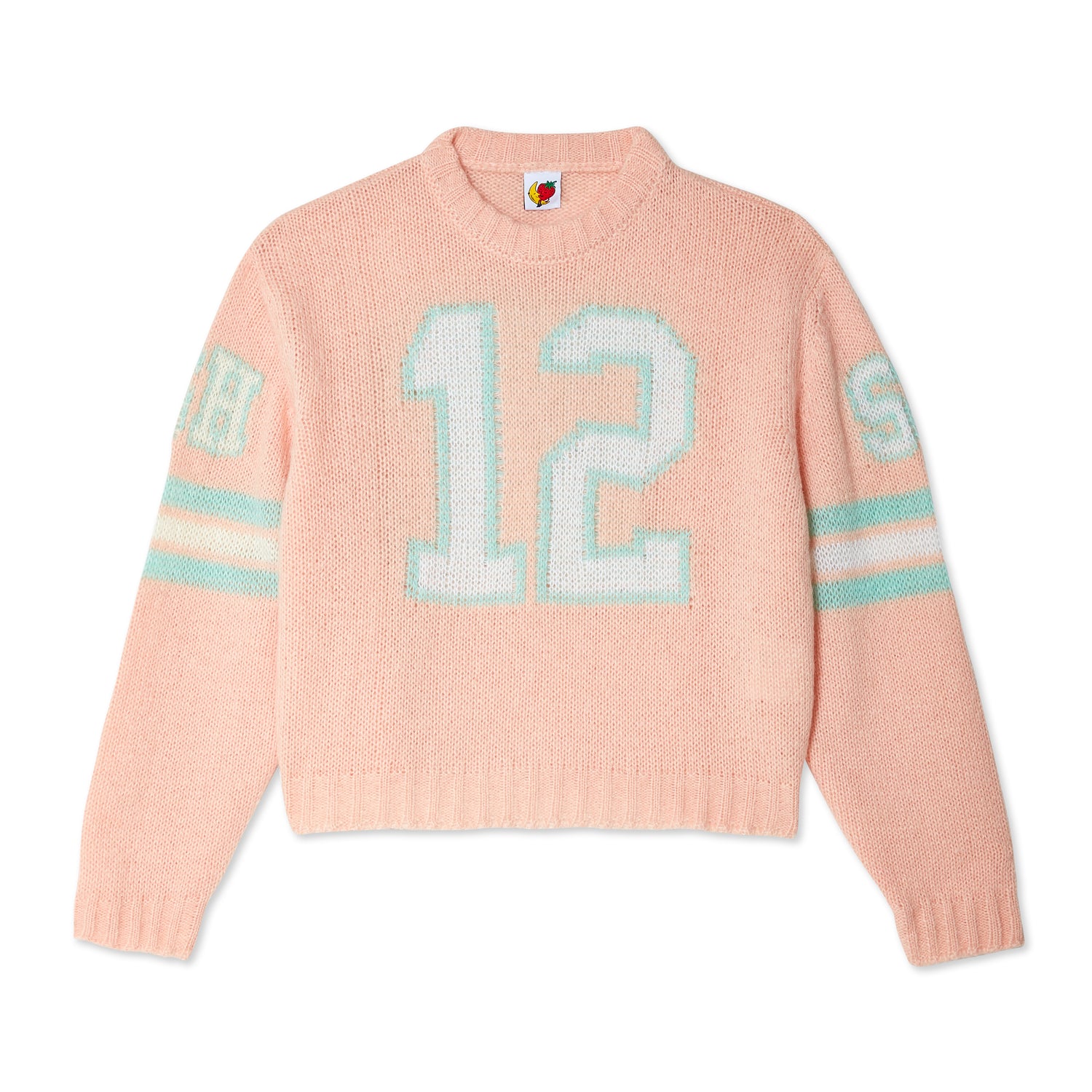A pink crewneck mohair sweater with '12' and corresponding lettering on the chest, back, and biceps, indicating a sports or team-related theme.